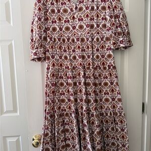 Elegant Floral Midi Dress in Red and Cream